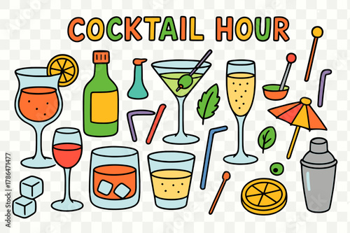 Colorful Cocktail Doodle. cocktail hour. Colorful Hand-drawn doodle Children illustration cocktail hour cocktail glass, wine glass, martini, whiskey glass,