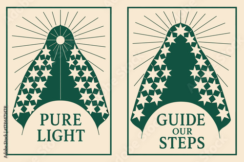 Sacred Geometry Banners. Sacred Geometry Light. Two vertical A6 banners with safe margins, centered composition, no elements touching edges, geometric, emerald