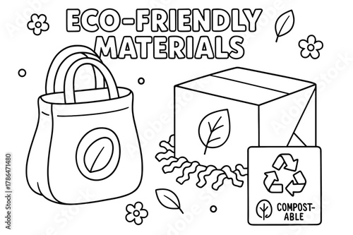 Eco-Friendly Coloring Design. Eco-Friendly Materials children?s coloring book illustration, outlined drawing, reusable cloth bag, cardboard box with leaf