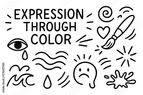 Abstract Doodle Expression. Expression through color. Hand-drawn doodle illustration expression through color palette, brush, swirl, eye, heart, wave, tear,