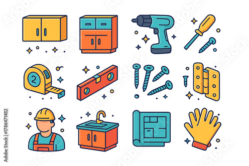Colorful Kitchen Makeover Icons. Kitchen makeover. Colorful isometric vector icons set of kitchen makeover: upper cabinets, lower cabinets, drill, screwdriver,