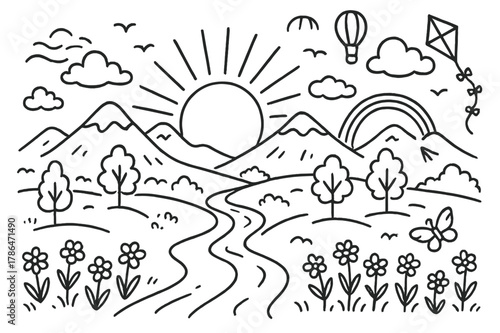 Morning Landscape Doodle. Morning Landscape. Hand-drawn doodle illustration Morning Landscape sun rising, hills, trees, river, clouds, birds, flowers, path,