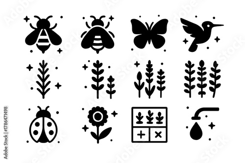 Sage Pollinators Icons. Pollinators and companions for sage. Solid icons set of Pollinators and companions for sage: honeybee, bumblebee, butterfly,