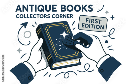 Antique Book Enthusiasts. Antique Books ? Collector?s Corner. Elegant hands dust off a gilded volume; subtle spark of reflection gleams from cover. Tag ?first