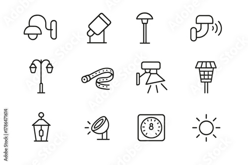 Exterior Lighting Icons. Exterior Lighting. Line icon set of Exterior Lighting: wall sconce, spotlight, garden light, motion sensor, street lamp, LED strip,