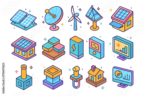 Isometric Renewable Energy Icons. renewable energy features. Colorful isometric vector icons set of renewable energy features: photovoltaic panels, solar