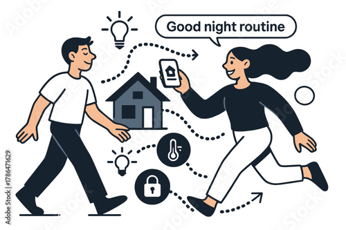 Smart Home Harmony. AI Assistants ? Smart Home Steward. The assistant orchestrates lights, thermostat, and locks; dotted signals flow house-wide. Tag ?good