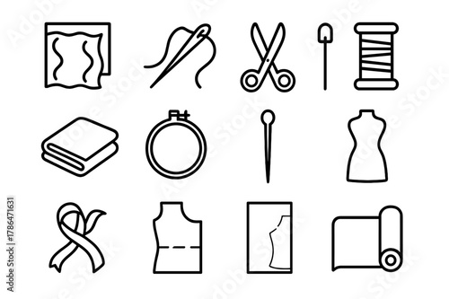 Fabric Icon Grid. Fabric details. Line icon set of fabric details: organza fabric, sewing needle, thread, scissors, spool of thread, folded fabric, embroidery