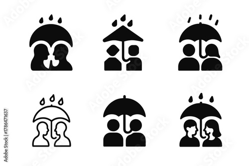 Empathy Emblem Variations. Empathy in romantic relationships and building strong friendships. Set Logo of empathy and connection: shared umbrella in the rain.