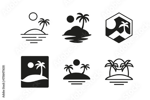 Tropical Island Logos. Island. Set Logo of Tropical Island: Minimal outline, Filled silhouette, Abstract geometric, Negative space, Flat solid, Symmetrical