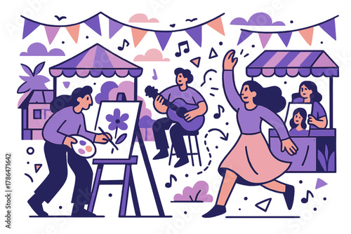 Joyful Art Festival. Local art festival. Street filled with open-air booths, painters, musicians, and colorful