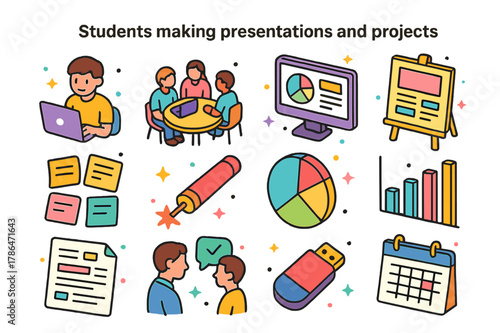 Isometric Student Projects. Students making presentations and projects. Colorful isometric vector icons set of Students making presentations and projects: