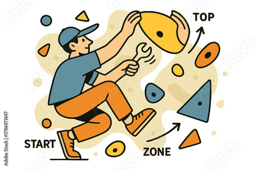 Route Setting Constellation. Route Setter at Work. A wrench spins as a setter places a bright sloper; arrows label ?Start / Zone / Top.? Holds float in a