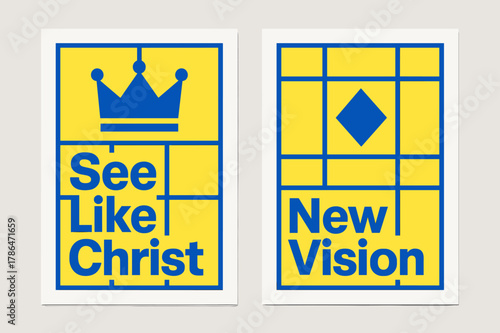 Kingdom Vision Banners. Kingdom Vision. Two vertical A6 banners with safe margins, centered composition, no elements touching edges, bauhaus, cobalt and lemon,