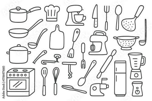 Kitchen Utensil Doodles. Cooking utensils. Hand-drawn doodle illustration Cooking utensils, pots, pans, knives, cutting boards, spoons, whisks, spatulas, can