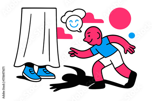 Peek-a-Boo Shoes. Behind the Curtain. A pair of shoes peek below a flowing drape; a giggle bubble floats like a tiny cloud. The seeker?s shadow stretches in a