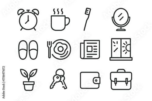 Morning Routine Icons. Morning Routine. Line icon set of Morning Routine: alarm clock, steaming mug, toothbrush, mirror, slippers, breakfast plate, newspaper,