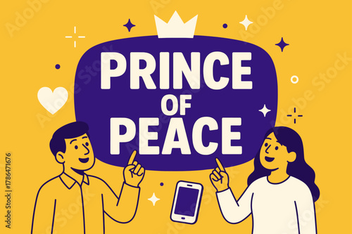Prince of Peace Banner. Prince of Peace banner, flat vector illustration, bold oversized text inside rounded blob banner, cartoon characters standing and