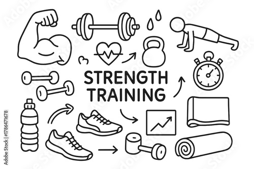 Strength Training Icons. Strength training. Hand-drawn doodle illustration strength training flexed arm, barbell, kettlebell, push-up figure, stopwatch,