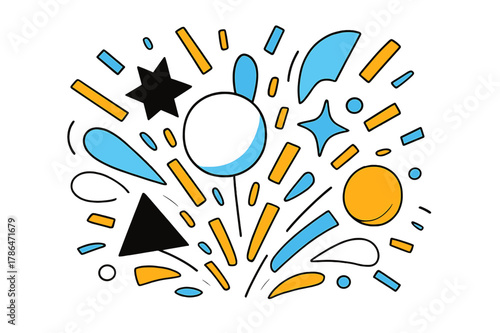 Confetti Geometry. Confetti Explosion. Burst of colorful confetti with floating abstract geometric shapes and soft light reflections, celebratory and energetic