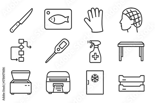 Seafood Processing Icons. Seafood Processing and Handling. Line icon set of Seafood Processing and Handling: fillet knife, cutting board, protective gloves,