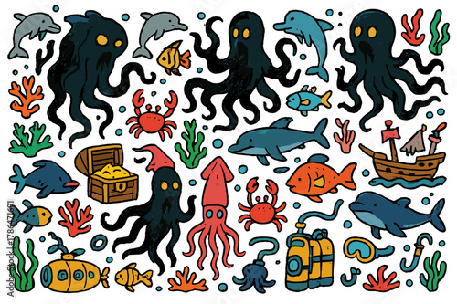 Underwater Doodle Adventure. Underwater, dark, twisted figures. Colorful Hand-drawn doodle Children illustration Underwater, dark, twisted figures, fish,