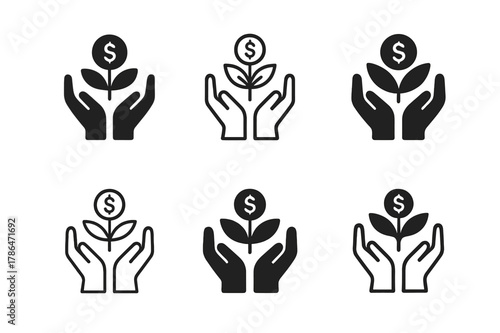 Microfinance Logo Variations. Microfinance. Set Logo of Microfinance: small seed coin in nurturing hands. harmonious logo variations of the same emblematic