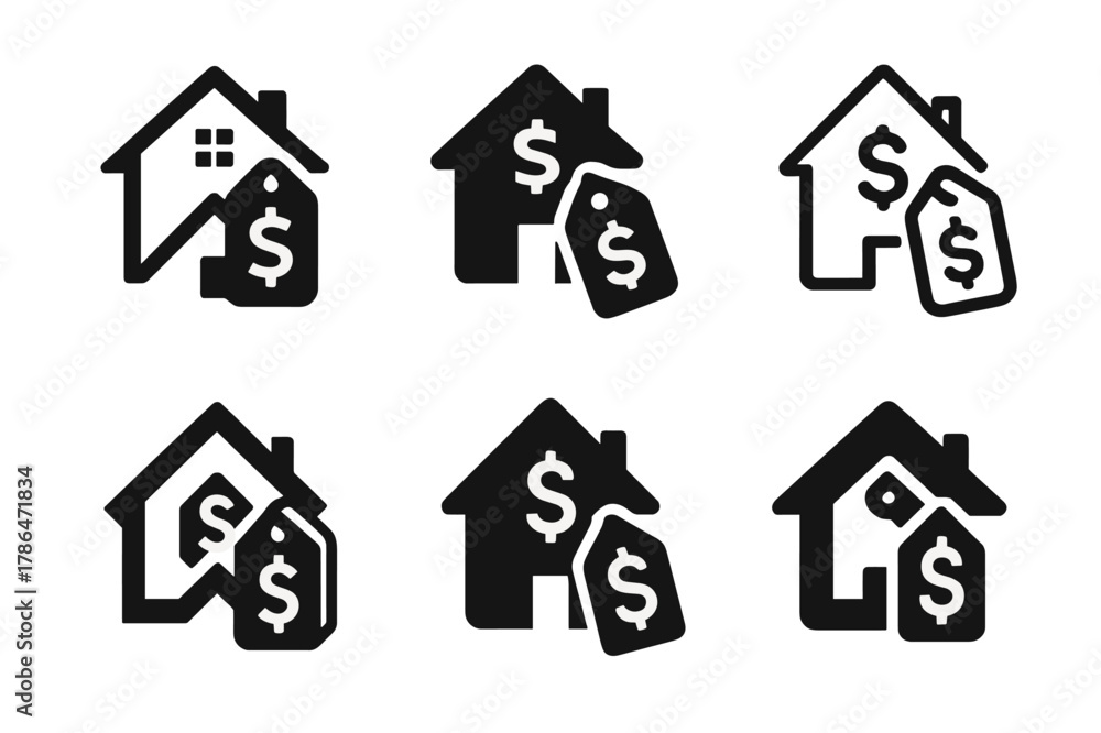 Fototapeta premium Real Estate Logos. Real estate and property listings. Set Logo of real estate and property listings: price tag on home. Icon set. harmonious logo variations of