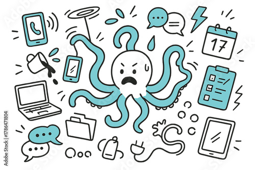 Multitasking Octopus Chaos. // Multitasking chaos. Hand-drawn doodle illustration Multitasking chaos [octopus arms (accented), phone ringing (accented),