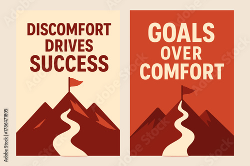 Success Through Discomfort. Discomfort drives success. Two vertical A6 banners with safe margins, centered composition, no elements touching edges, flat vector
