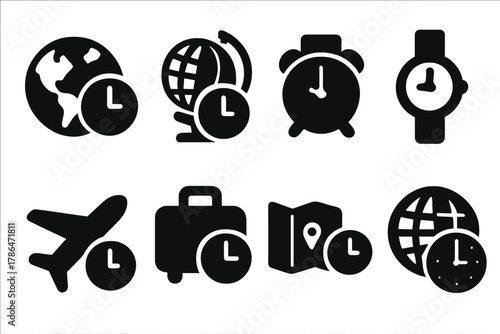 Travel Clock Icons. Travel clocks. Filled icon set of Travel clocks: world clock, globe, alarm clock,