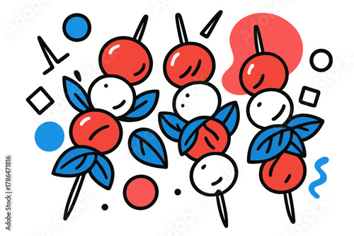 Modern Caprese Skewers. Caprese Skewers. Overhead view of caprese skewers with cherry tomatoes, mozzarella, basil, and floating abstract geometric shapes,