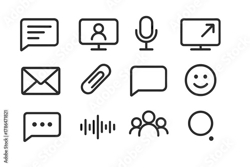 Online Communication Icons. Online Communication. Line icon set of Online Communication: chat window, video call, microphone, screen share, email inbox, file
