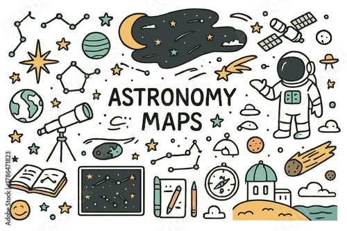 Astronomy Doodle Extravaganza. Astronomy maps. Hand-drawn doodle illustration constellations (colored), stars (colored), planets (colored), moon (colored),