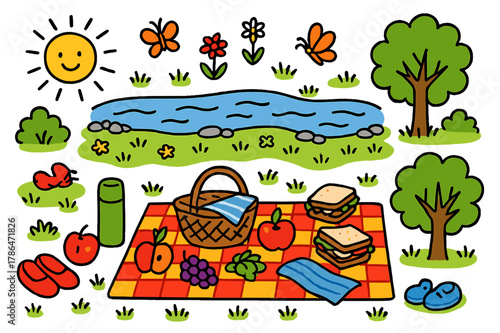 Riverside Picnic Scene. Riverside picnic. Colorful Hand-drawn doodle Children illustration Riverside picnic picnic blanket, basket, fruit, sandwiches, thermos,