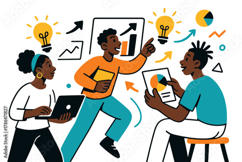 Vibrant Entrepreneurial Energy. Entrepreneurship hub. Young African entrepreneurs pitching ideas and analyzing