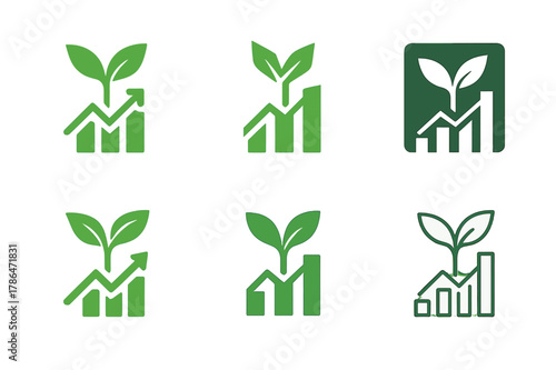 Green Bonds Emblems. Green bonds. Icon set. Set Logo of green bonds: sprouting plant emerging from a yield chart. harmonious logo variations of the same