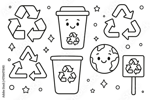 Recycling Symbols Coloring. Recycling symbols children?s coloring book illustration, outlined drawing, a set of recycling symbols and signs, educational design