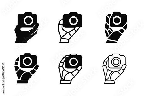 AI Realism Icons. AI realism. Set Logo of AI realism: robot hand holding camera. Icon set. harmonious logo variations of the same emblematic concept, each with