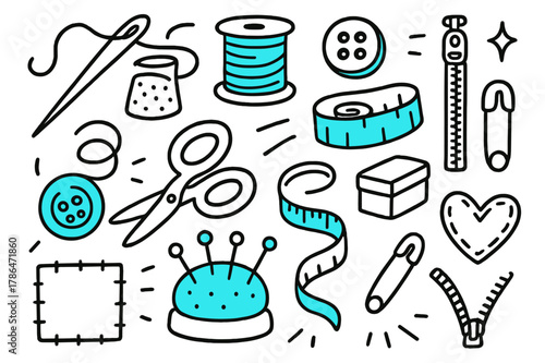 Colorful Sewing Doodle. // Sewing kit. Hand-drawn doodle illustration Sewing kit [needle (accented), thread spool (accented), thimble, button (accented),