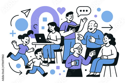 Vibrant Community Connections. Community centers. People of all ages engaging in various activities?kids