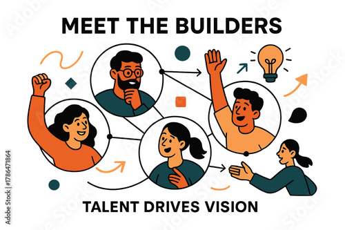 Meet the Builders. Pitch Deck ? Team Introduction. Portrait circles line up under a heading ?Meet the Builders?; connecting lines form a collaborative network.