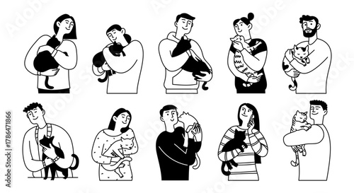Doodle set of different people with their cute cats. Pets. Vector linear illustration of men and women with animals, isolated on white