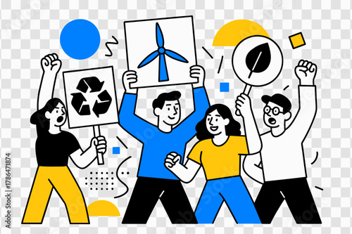 Eco Activist Movement. Environmental Protests. People holding up recycling and green energy signs with floating abstract geometric shapes, engaged and activist