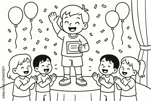 Child's Applause Celebration. Celebrating a great speech children?s coloring book illustration, outlined drawing, a child receiving applause and a small