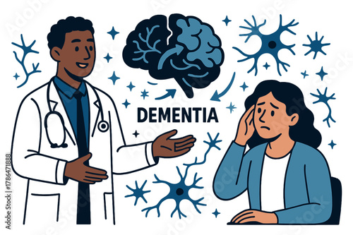 Explaining Dementia Effects. Brain disorders and conditions. Doctor explaining dementia effects on brain to patient with abstract floating neurons, arrows, and