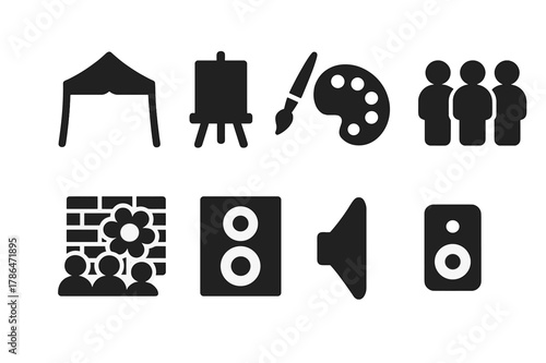 Outdoor Art Icons. Outdoor art event. Filled icon set of outdoor art event: tent, canvas, easel, paintbrush,