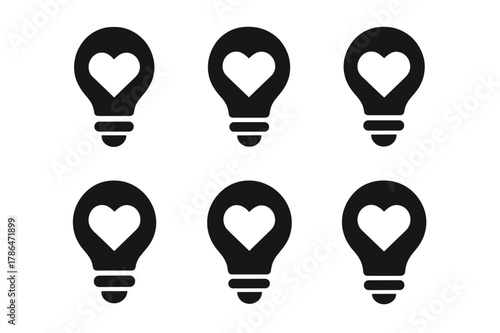 Encore Career Logos. Encore careers (second careers after retirement). Set Logo of lightbulb with heart: Symmetrical form, Negative space, Filled silhouette,