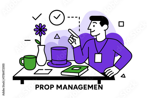Organized Stage Props. Prop management. A table with neatly arranged props, stage manager pointing while