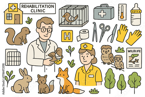 Wildlife Rehabilitation Clinic. Rehabilitation clinic. Hand-drawn doodle illustration veterinarian (colored), injured bird (colored), animal cage (colored),